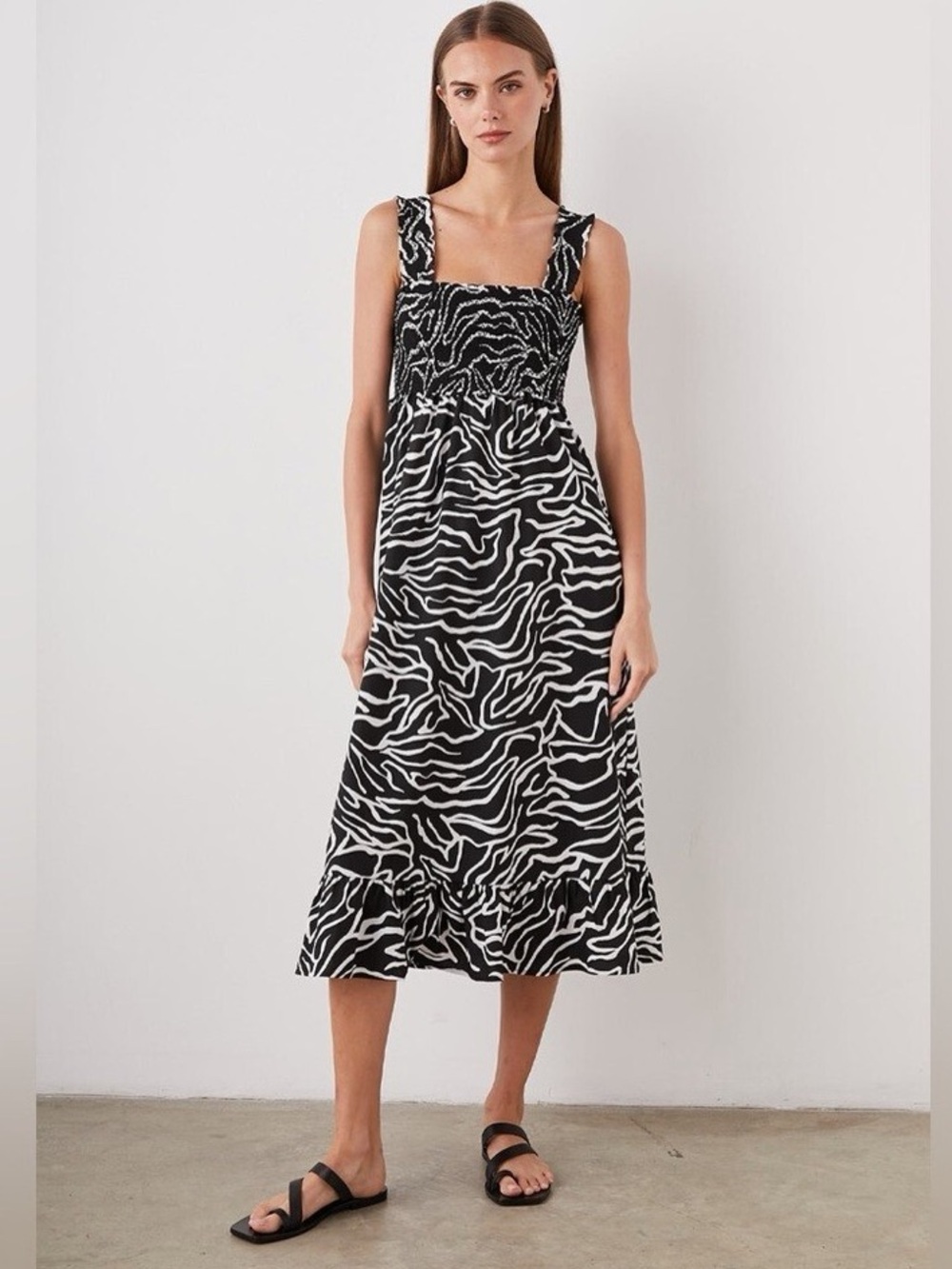 Rails Rumi Zebra Print Cotton Midi Nap Dress Black White Smocked Sundress Small